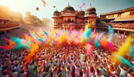 Famous Places for Holi in India: Where to Experience the Ultimate Festival of Colors 1 Colorful Holi festival celebration in India with crowds throwing gulal" Vrindavan Section: "Devotees celebrating Holi with flowers and colors at Banke Bihari Temple, Vrindavan